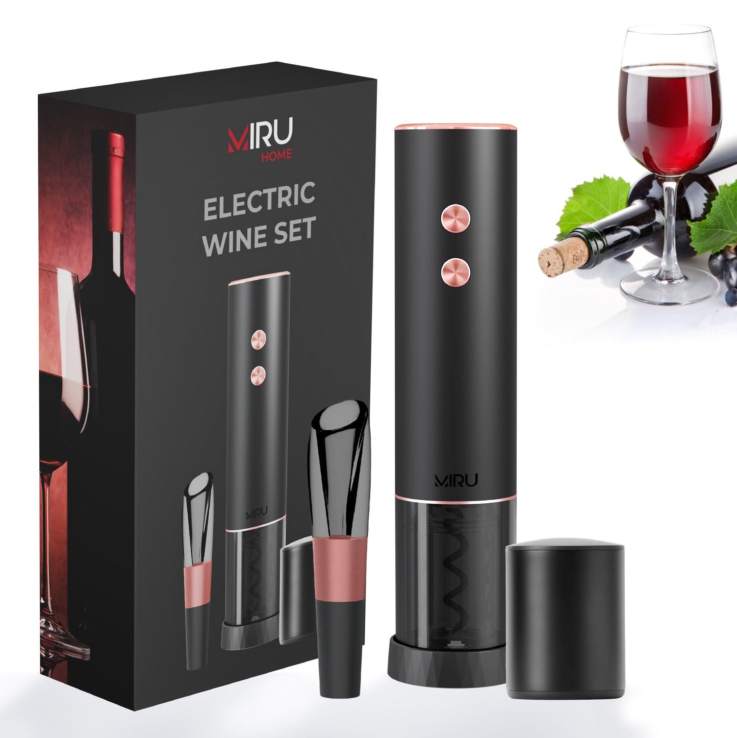 ELECTRIC WINE BOTTLE CORKER STEEL BLACK 4-in-1 GIFT SET - Miruhome