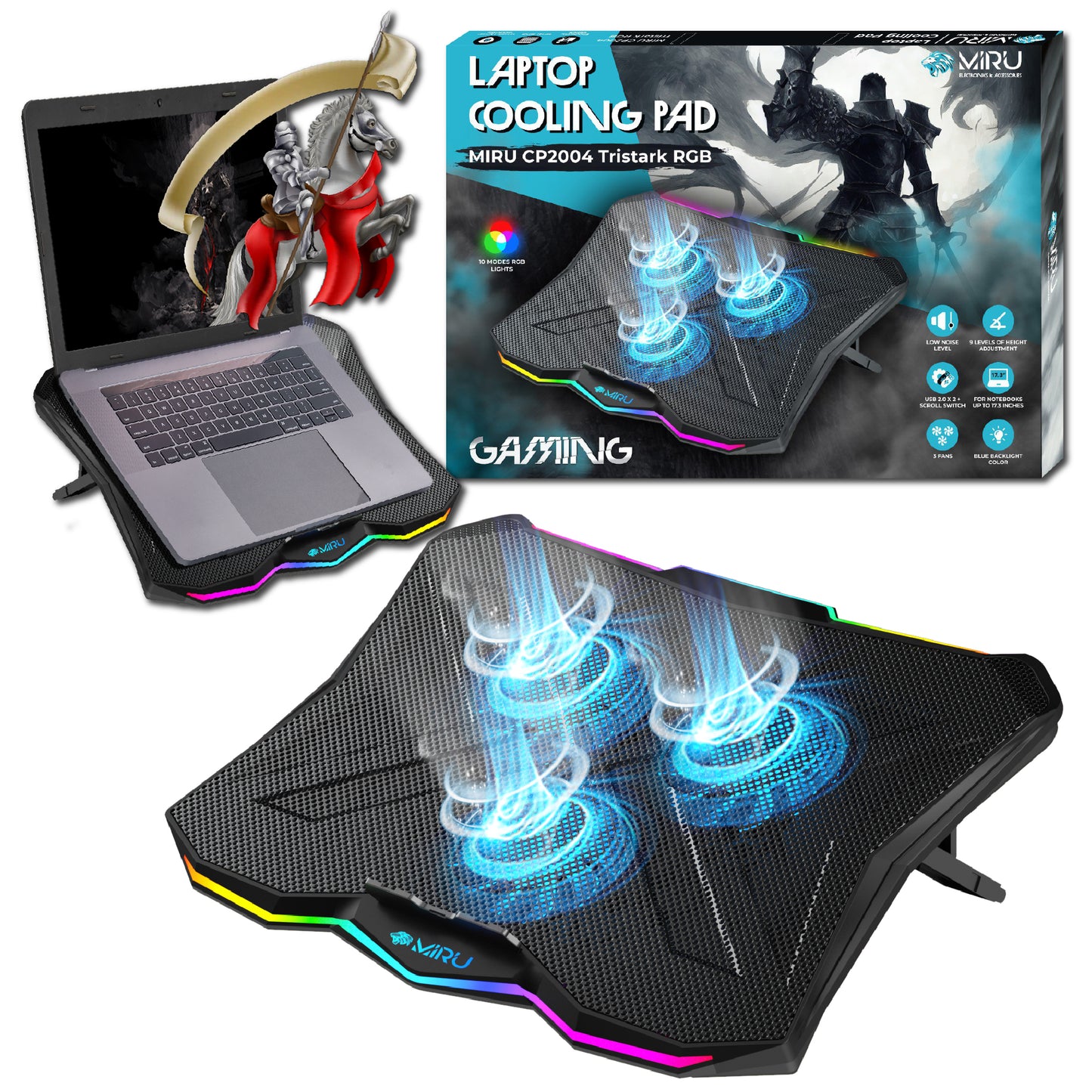 STAND LAPTOP COOLING PAD 15-17 " ADJUSTABLE RGB LED, WITH USB - Miruhome