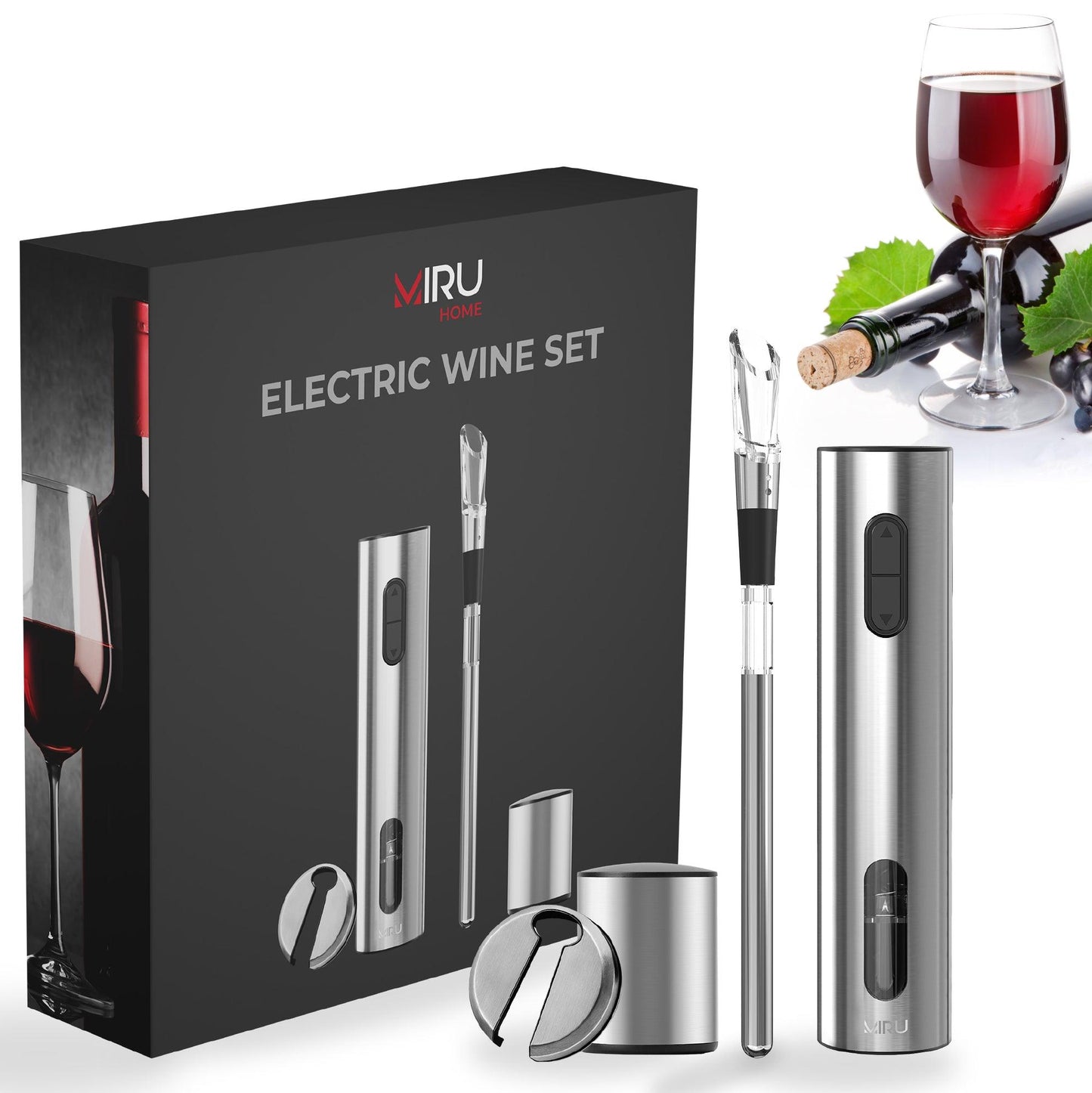 ELECTRIC WINE BOTTLE OPENER - STAINLESS STEEL 5-IN-1 SET - Miruhome