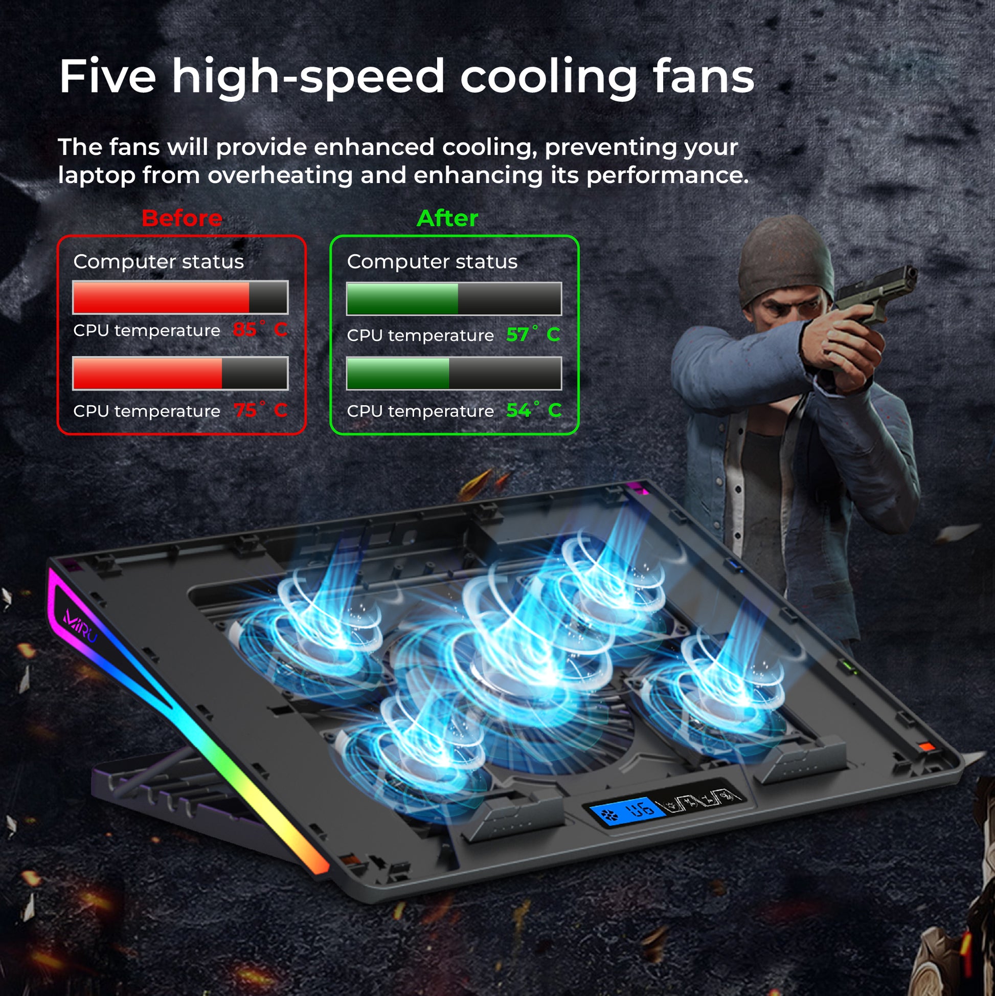 STAND LAPTOP COOLING PAD 12-17 " ADJUSTABLE RGB LED, WITH USB - Miruhome