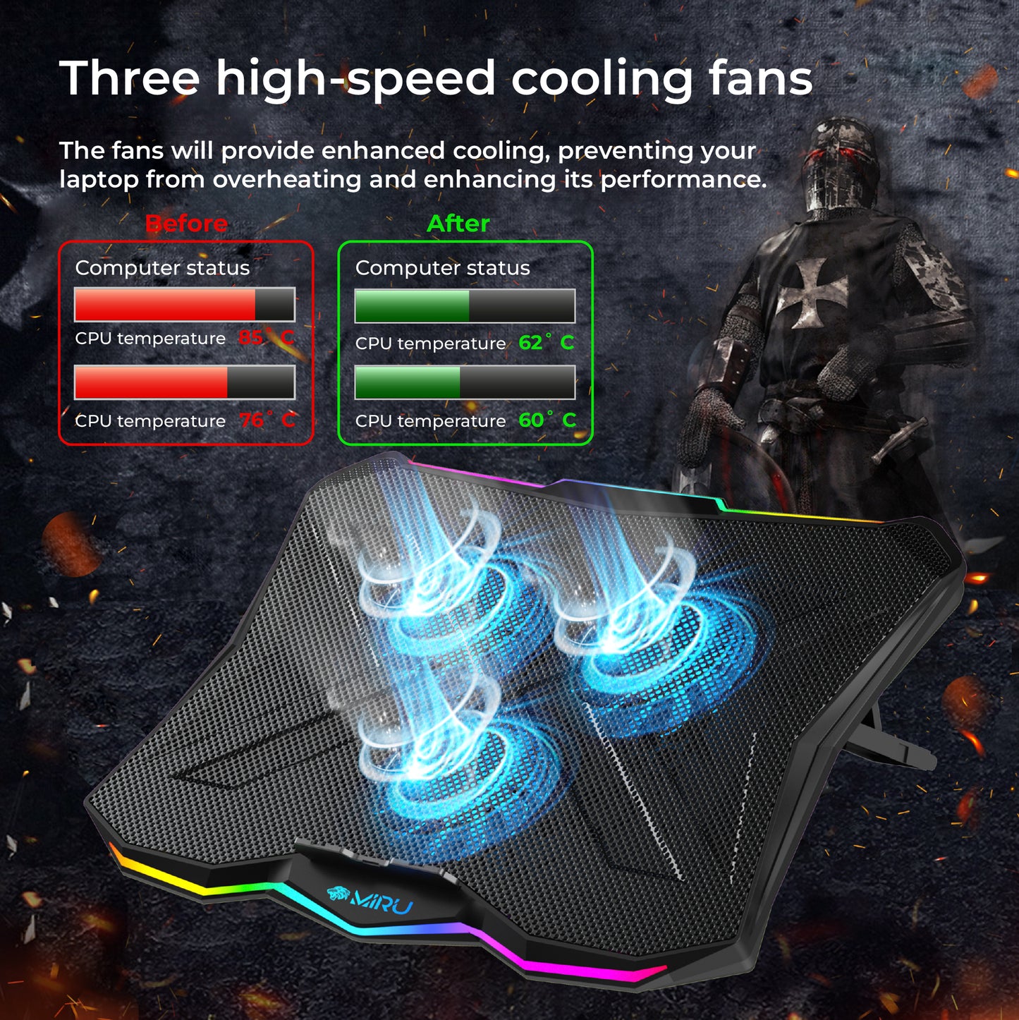 STAND LAPTOP COOLING PAD 15-17 " ADJUSTABLE RGB LED, WITH USB - Miruhome