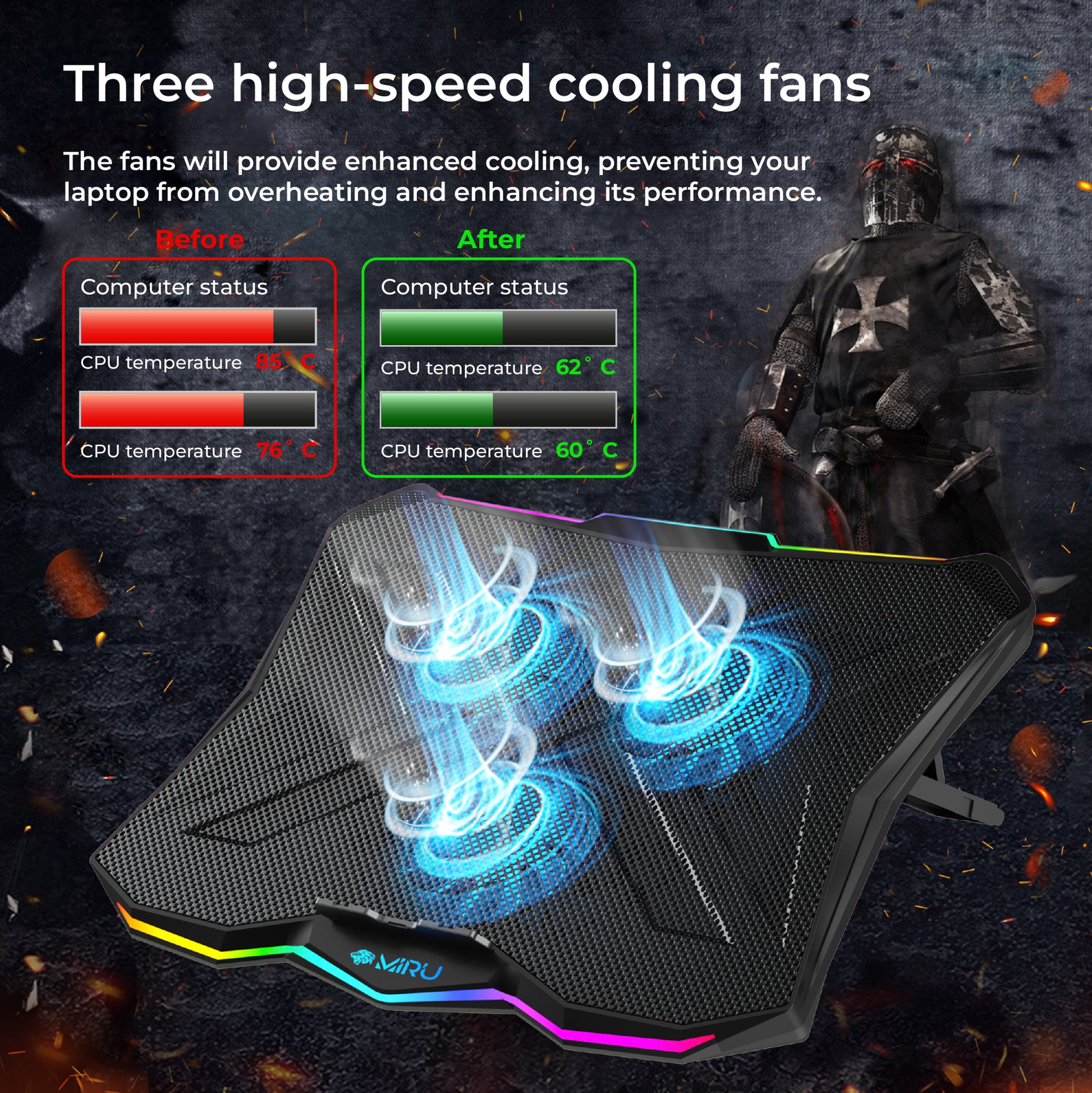 STAND LAPTOP COOLING PAD 15-17 " ADJUSTABLE RGB LED, WITH USB - Miruhome