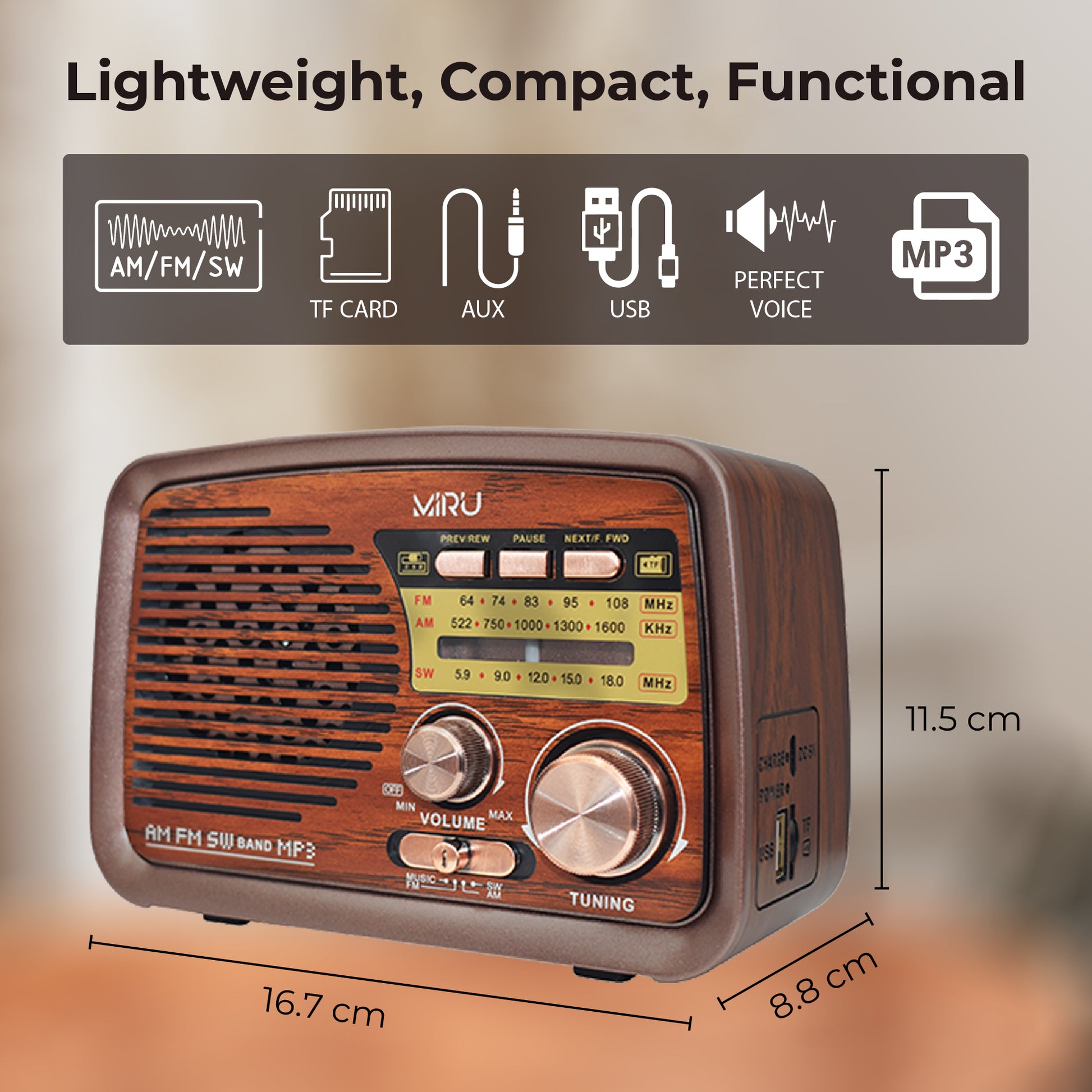 PORTABLE RETRO KITCHEN RADIO FM, USB, BATTERY - Miruhome