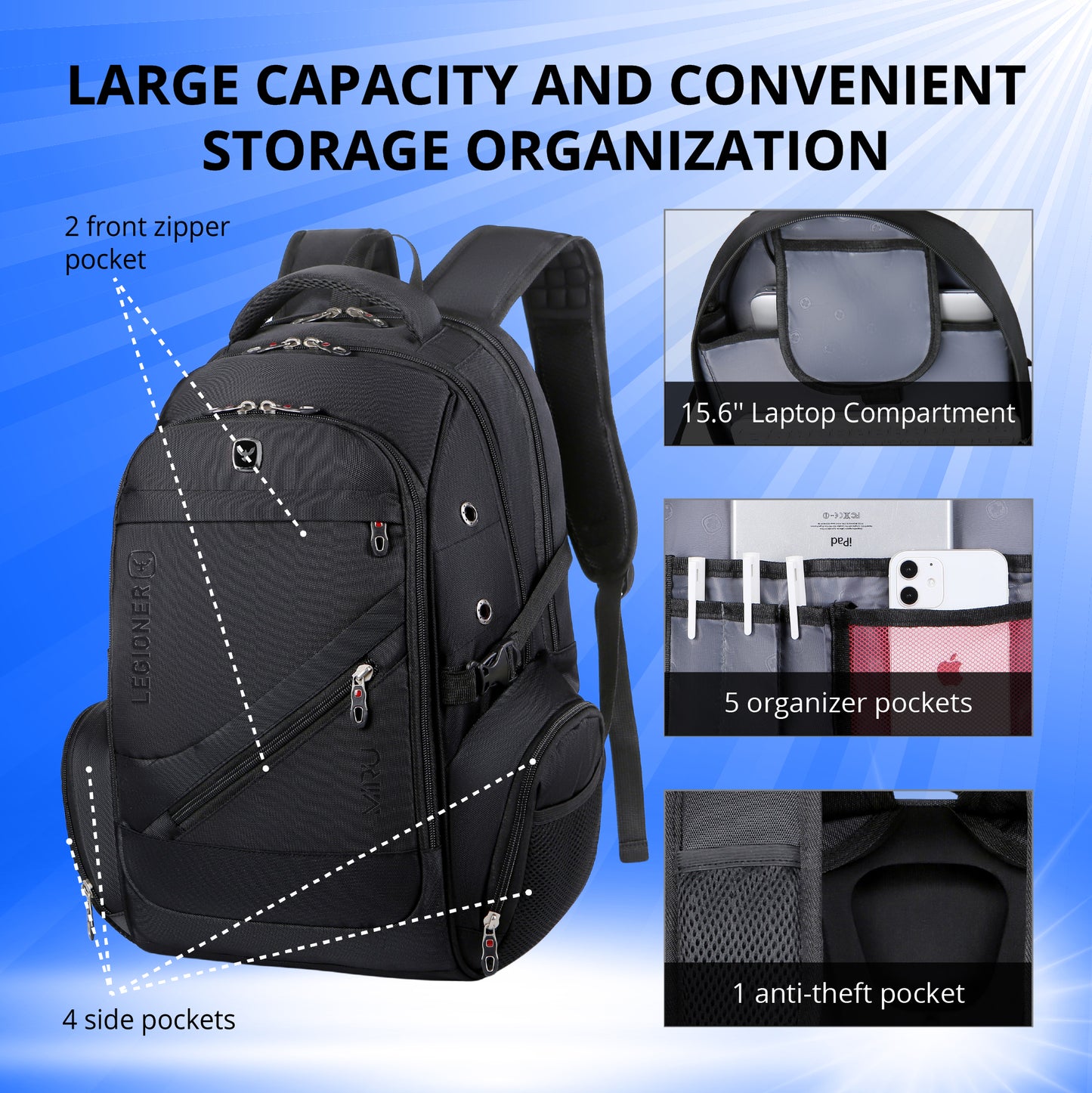 Sac à dos étanche pour ordinateur portable avec USB noir M03 