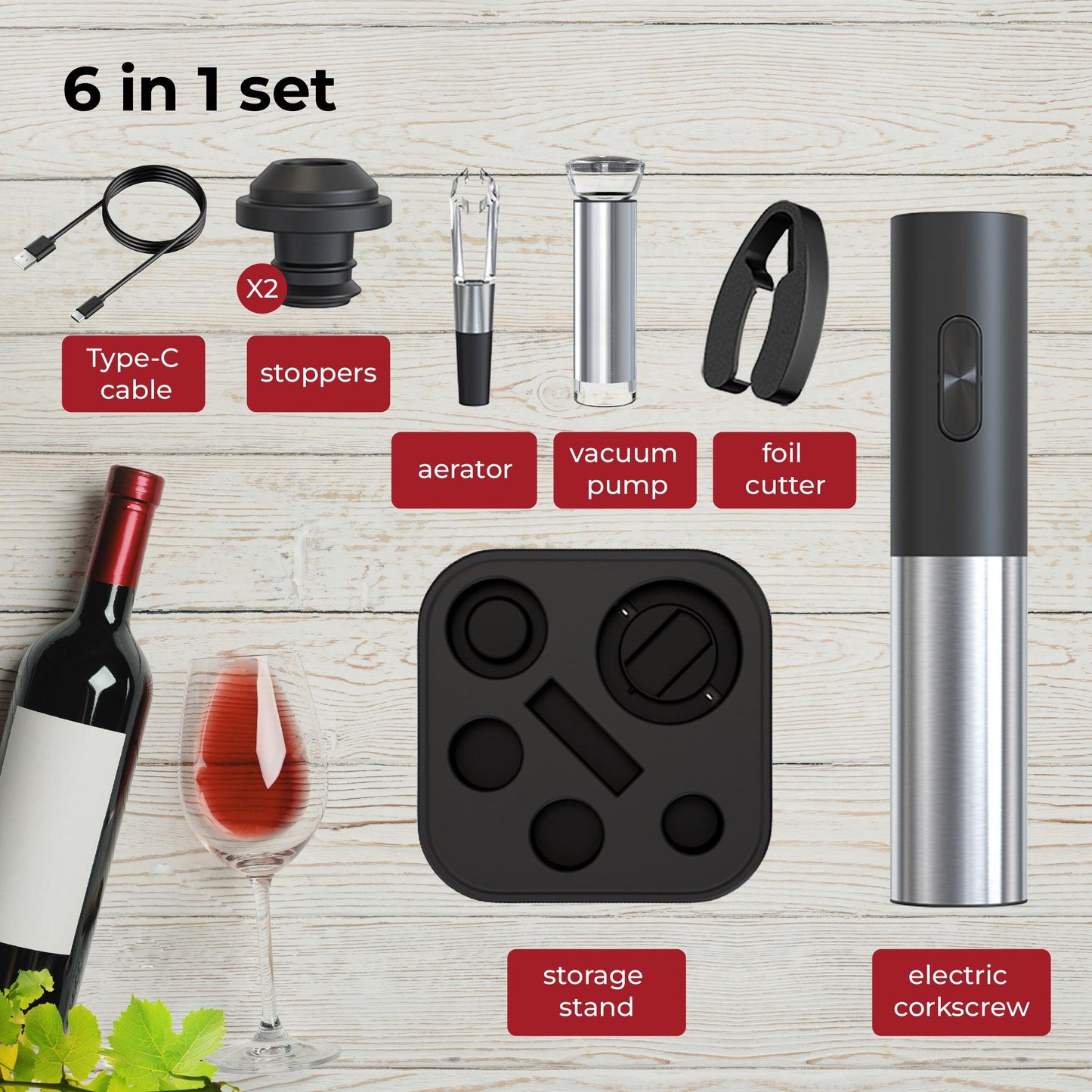 Electric Wine Bottle Opener 6-in-1 Set - Miruhome