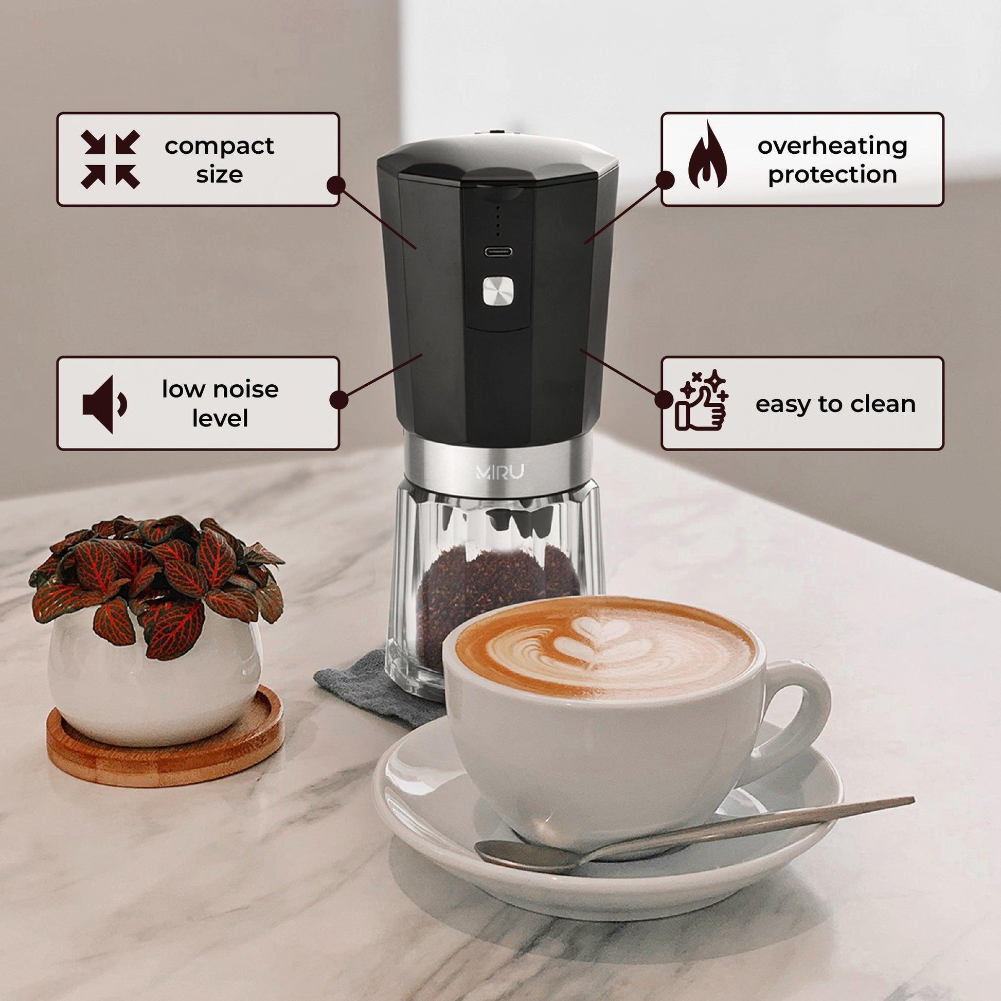 Electric Cordless Burr Coffee Grinder Black with Ceramic Burrs - Miruhome