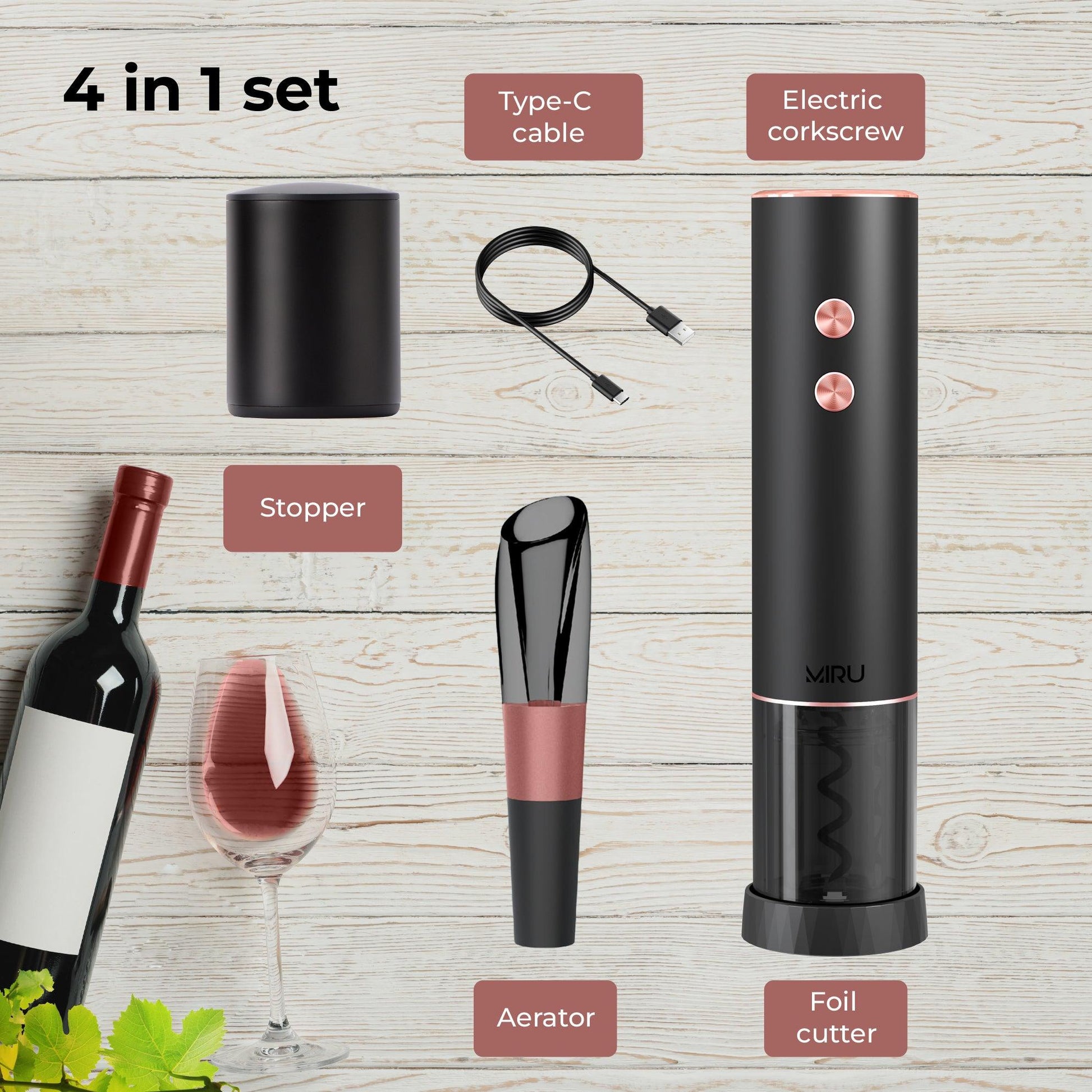 ELECTRIC WINE BOTTLE CORKER STEEL BLACK 4-in-1 GIFT SET - Miruhome