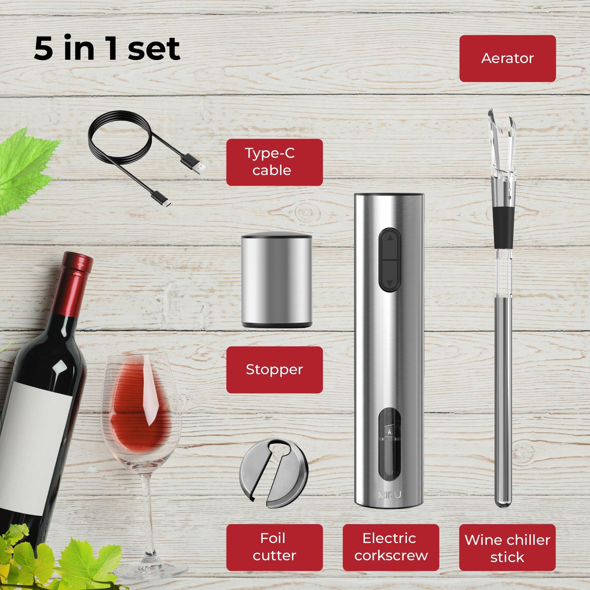 ELECTRIC WINE BOTTLE OPENER - STAINLESS STEEL 5-IN-1 SET - Miruhome