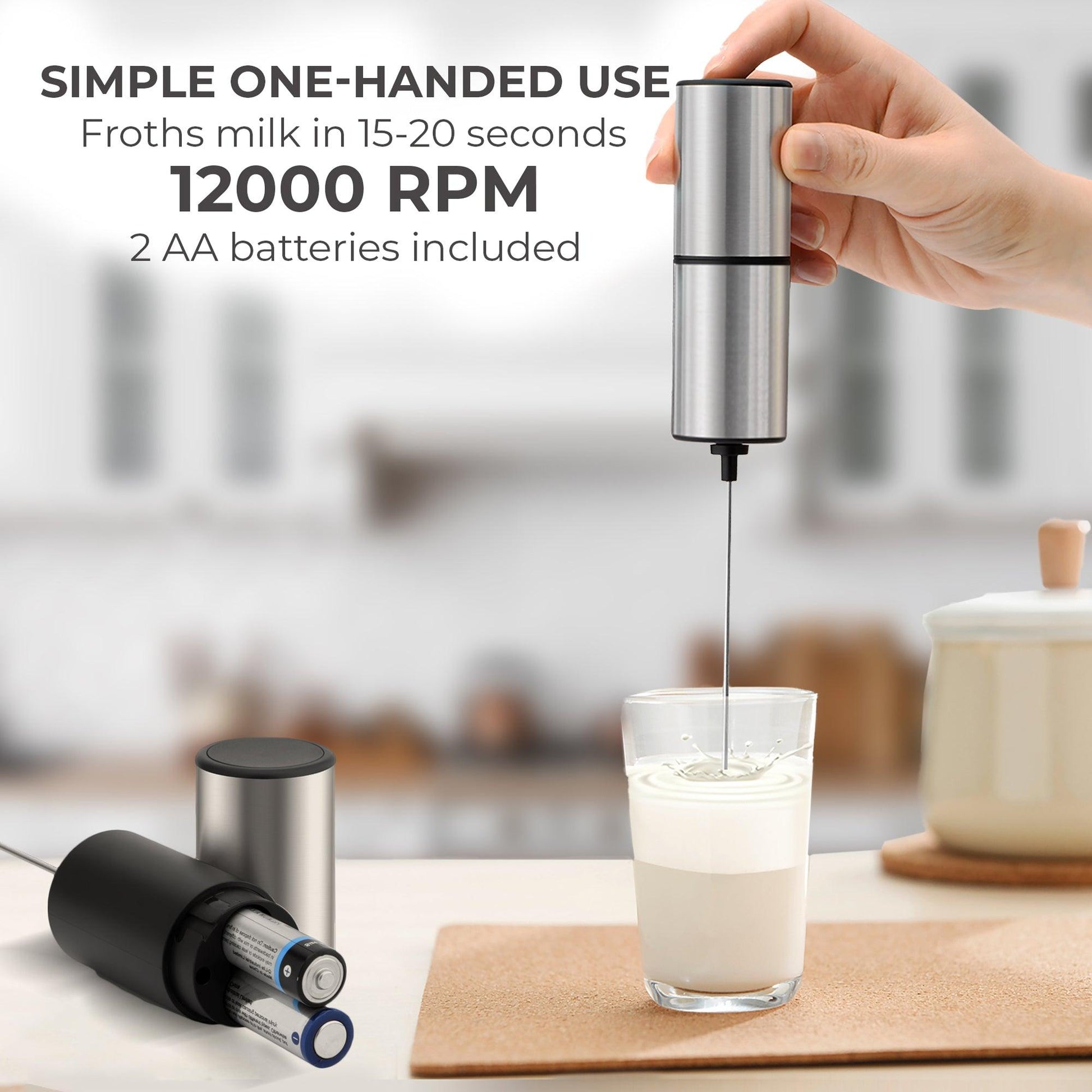 ELECTRIC MILK FROTHER HANDHELD COFFEE MIXER SILVER BATTERY - Miruhome