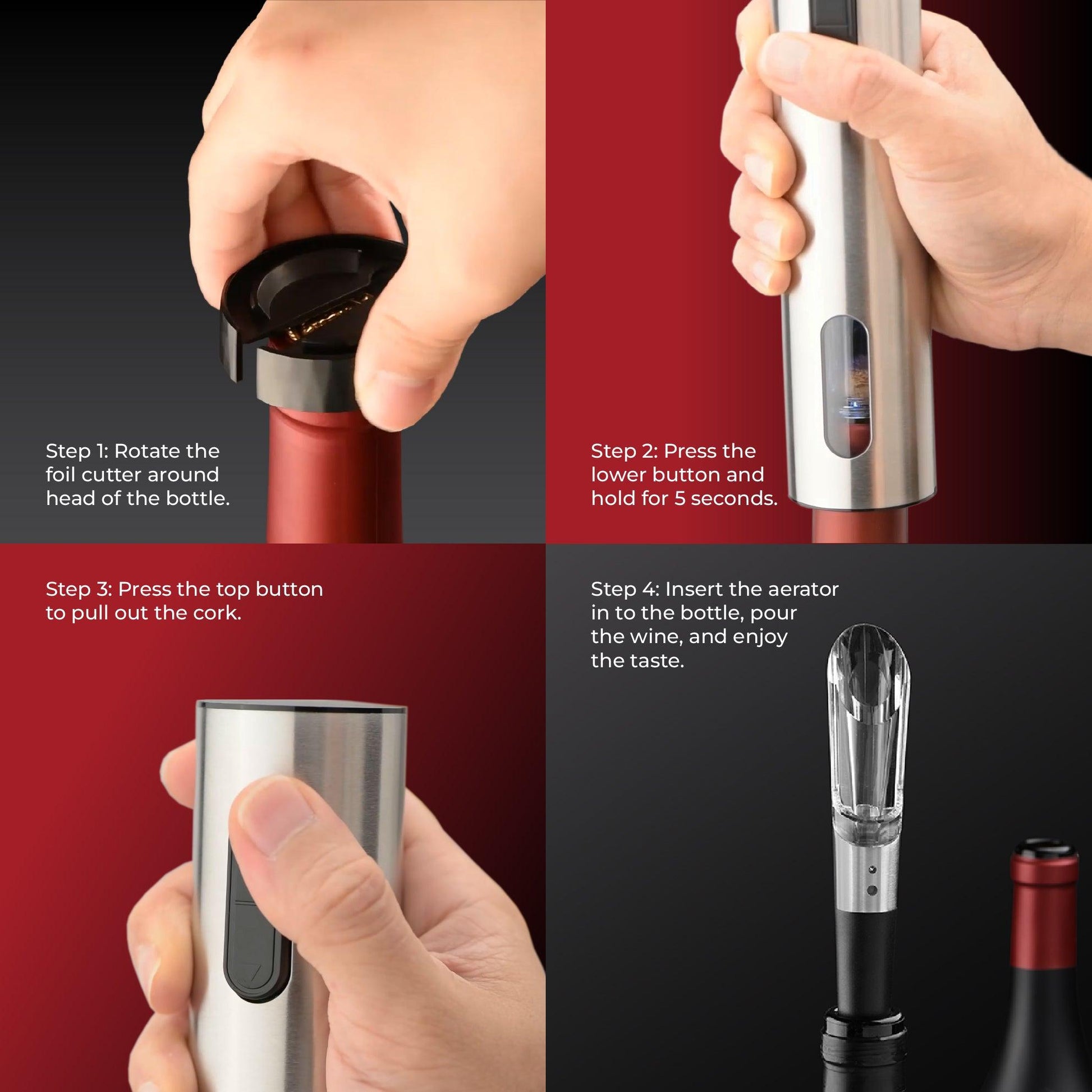 ELECTRIC WINE BOTTLE OPENER - STAINLESS STEEL 5-IN-1 SET - Miruhome