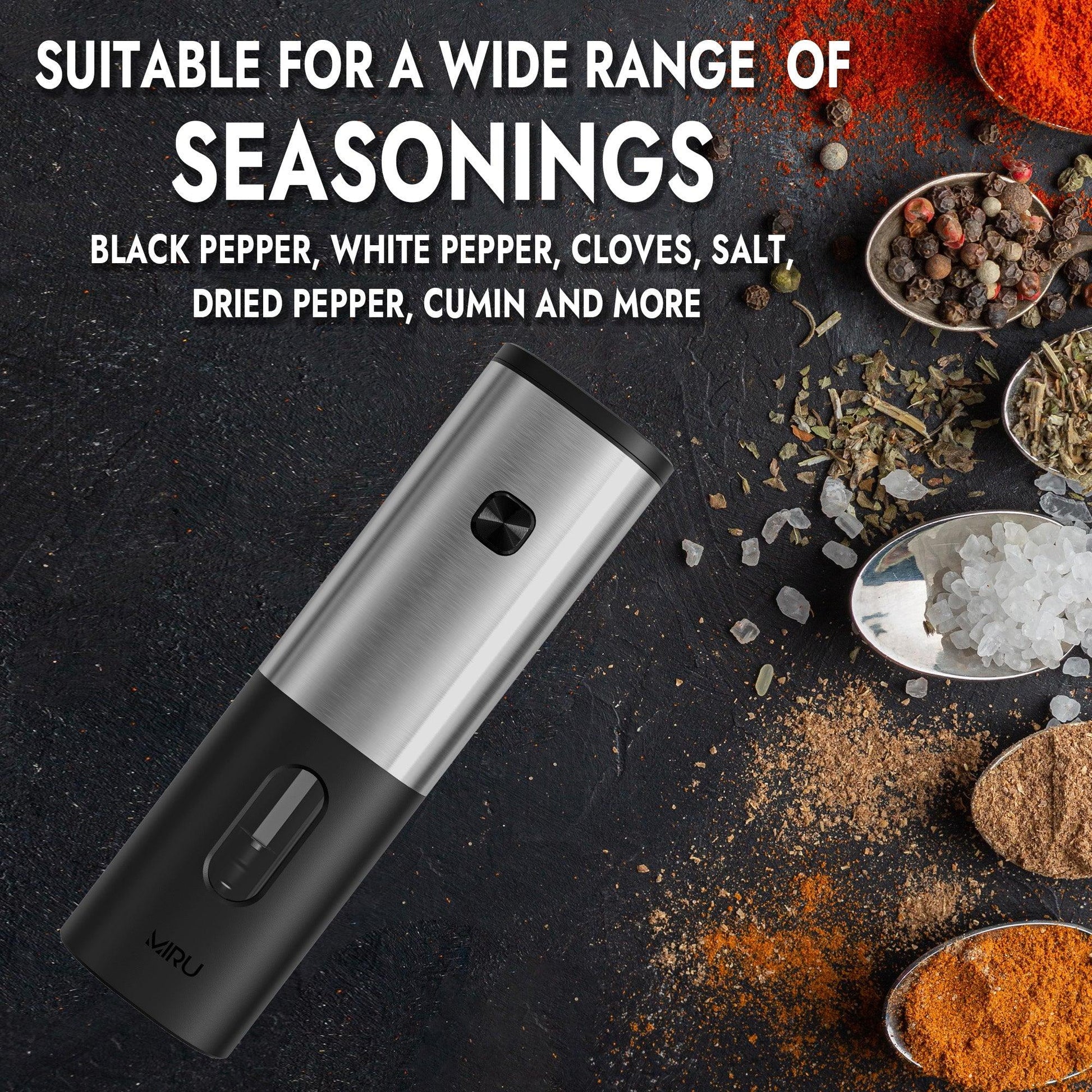 ELECTRIC PEPPER, SALT, AND SPICE GRINDER BLACK WITH 4 BATTERIES INCLUDED - Miruhome