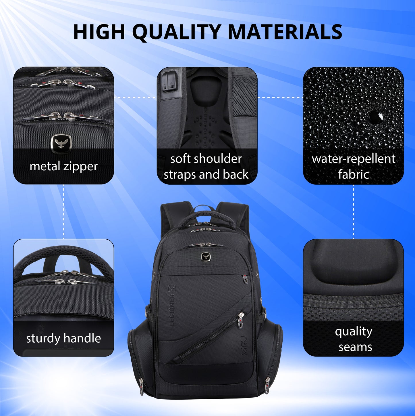 Mochila impermeable para portátil con USB negra M03