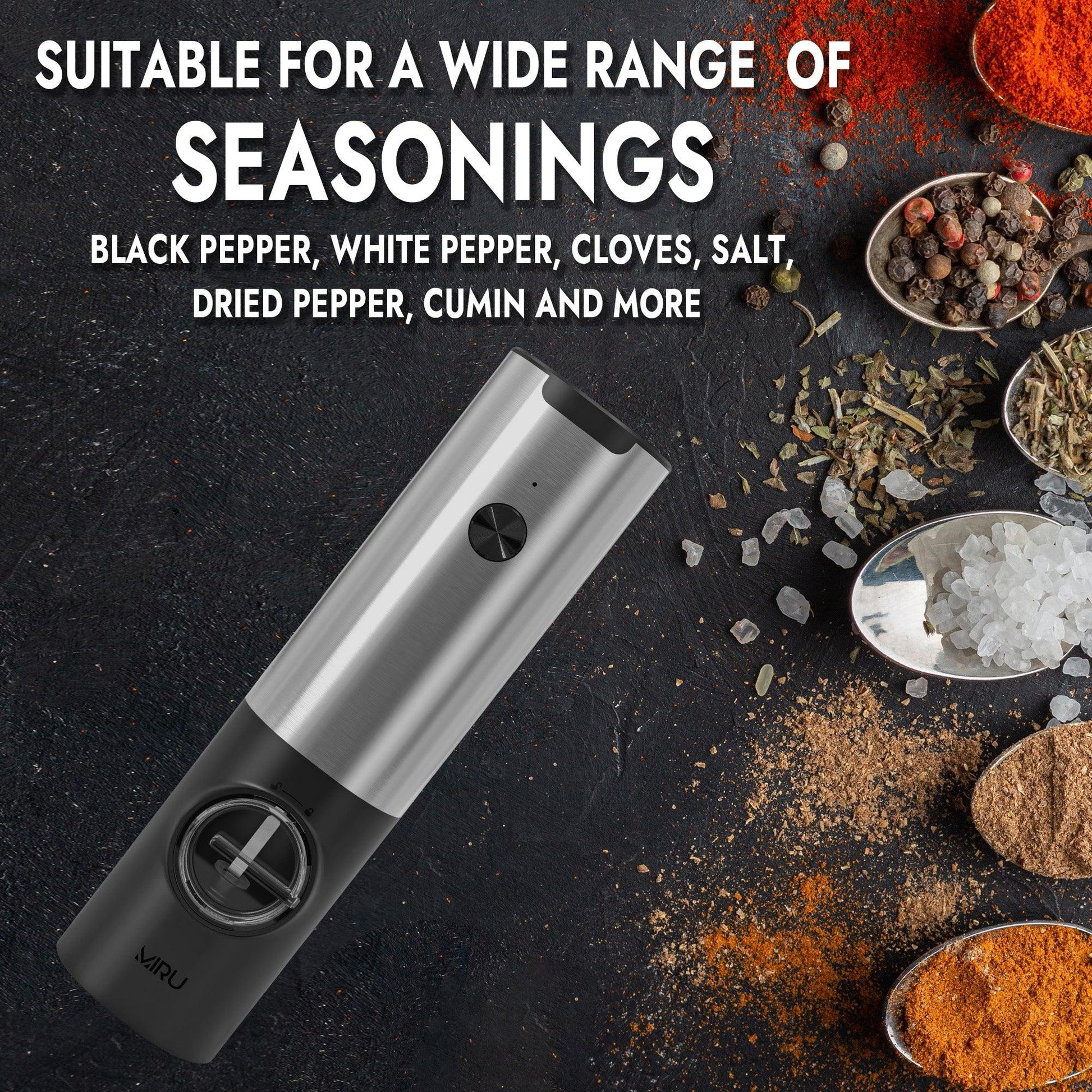 Electric Grinder for Salt, Pepper, and Spices, Black, USB Rechargeable - Miruhome