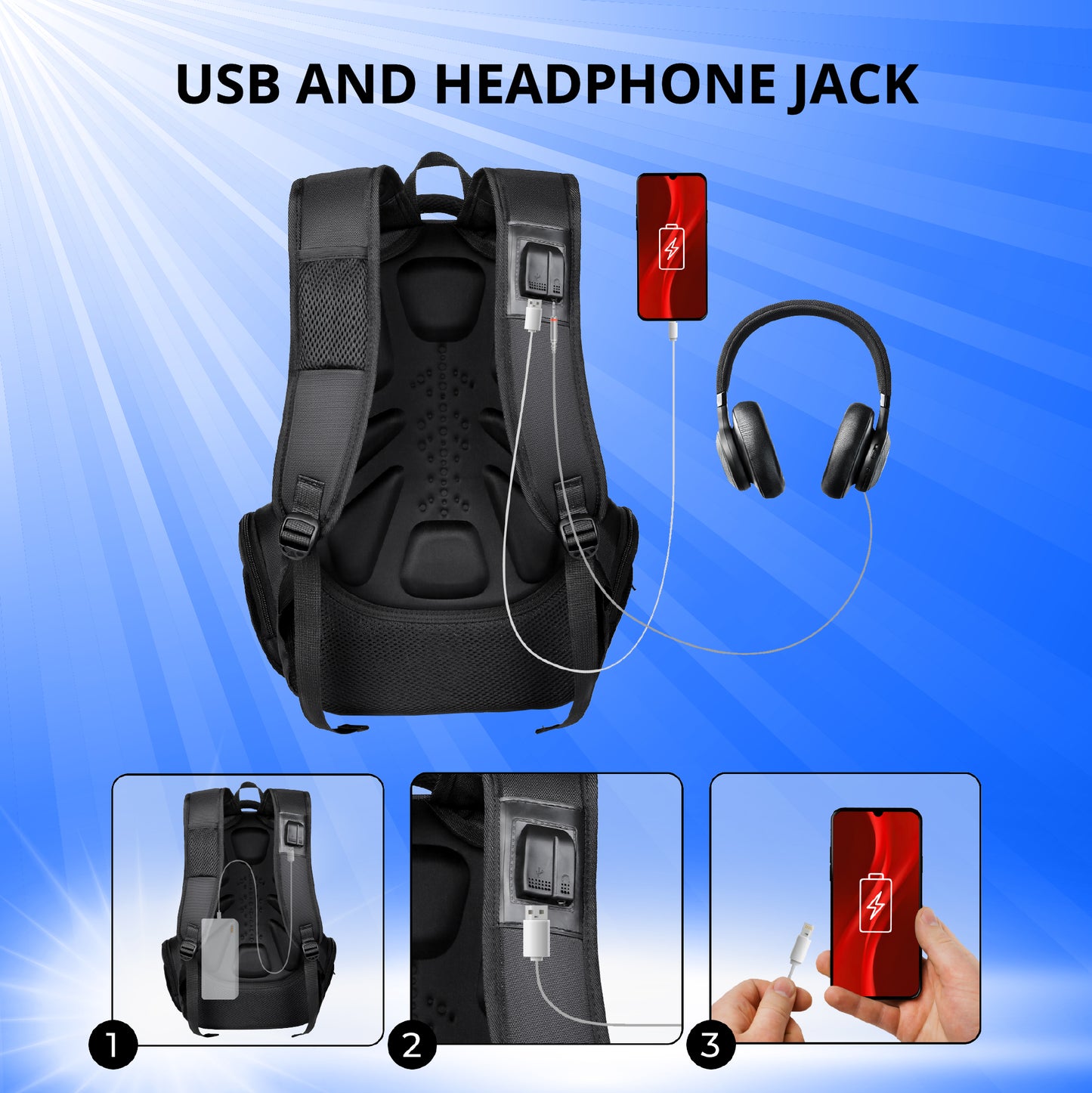 Mochila impermeable para portátil con USB negra M03