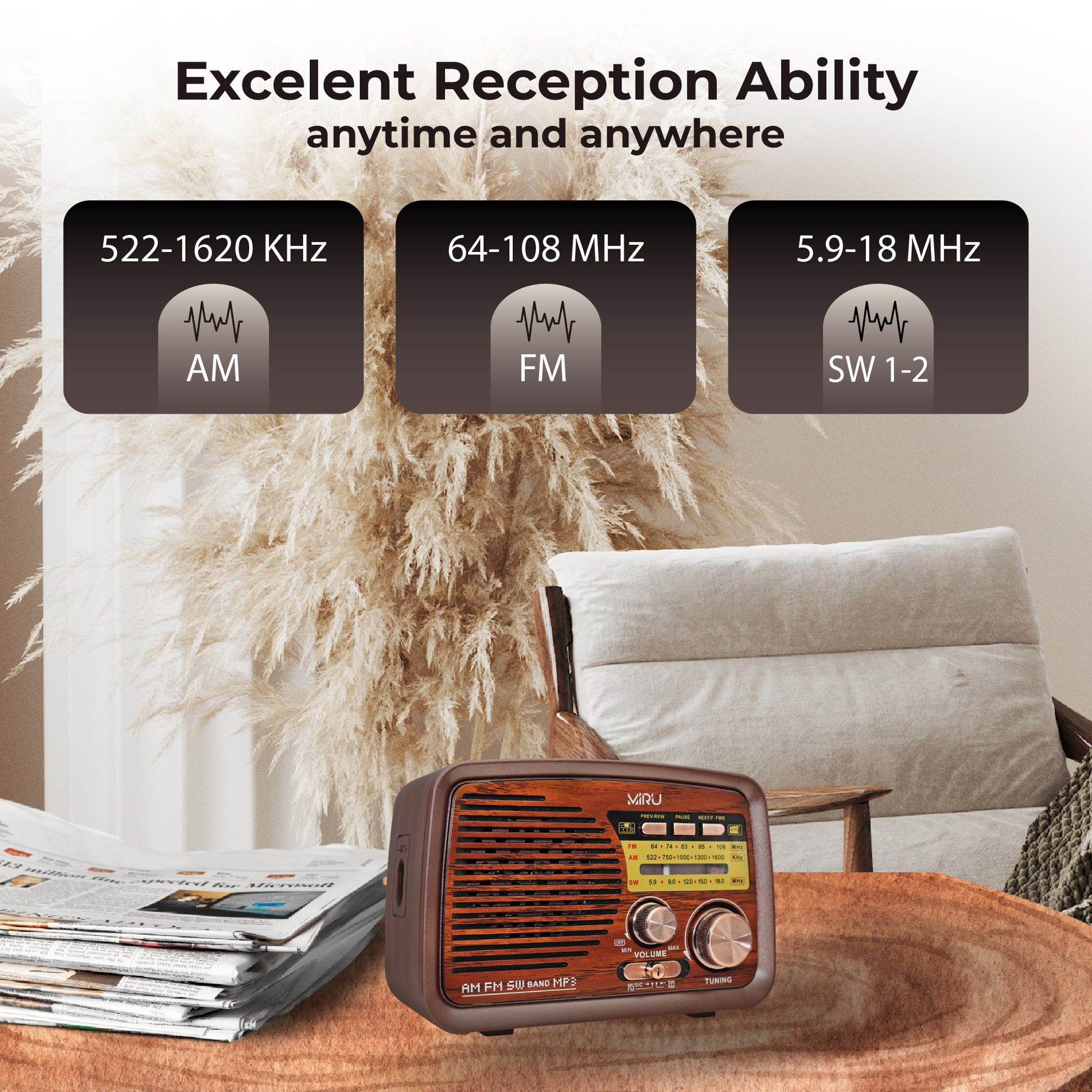 PORTABLE RETRO KITCHEN RADIO FM, USB, BATTERY - Miruhome