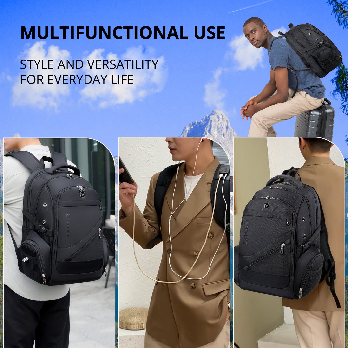 Mochila impermeable para portátil con USB negra M03