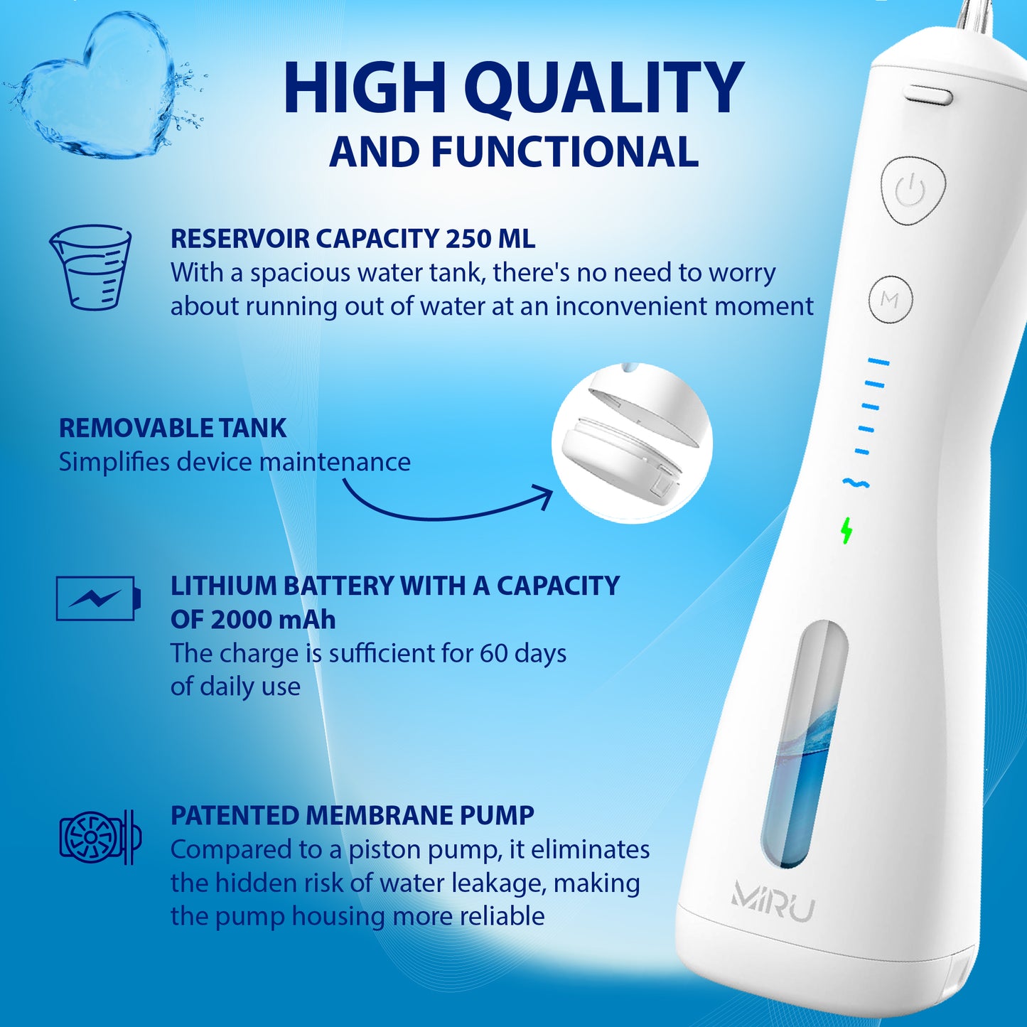 CORDLESS DENTAL IRRIGATOR POWERFUL 6 NOZZLES 6 MODES, WHITE - Miruhome