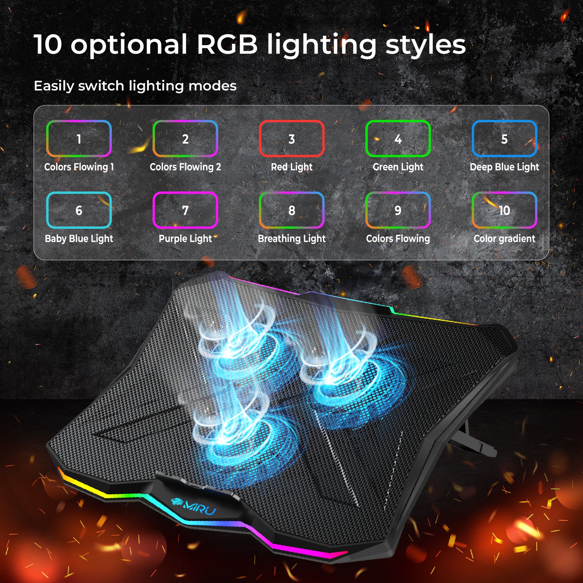 STAND LAPTOP COOLING PAD 15-17 " ADJUSTABLE RGB LED, WITH USB - Miruhome