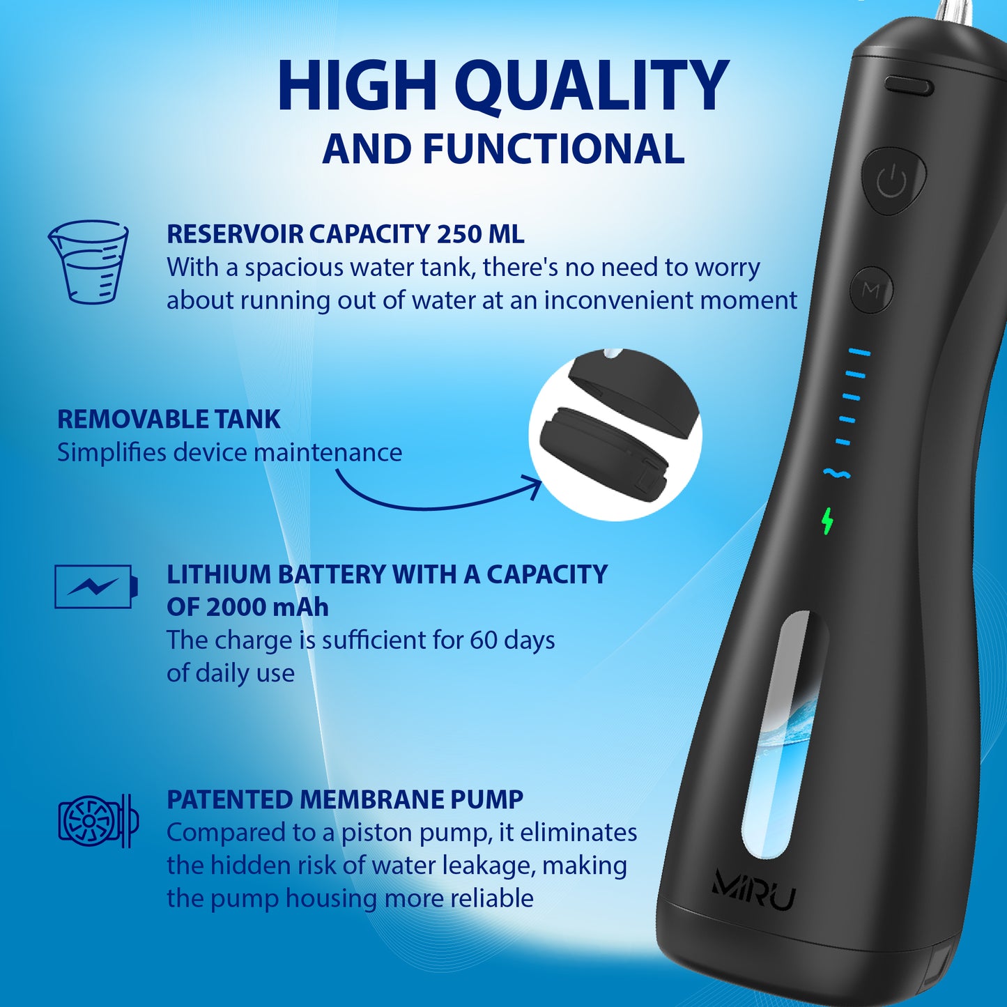 TOOTH IRRIGATOR WIRELESS DENTAL POWERFUL 6 NOZZLES 6 MODES, BLACK - Miruhome