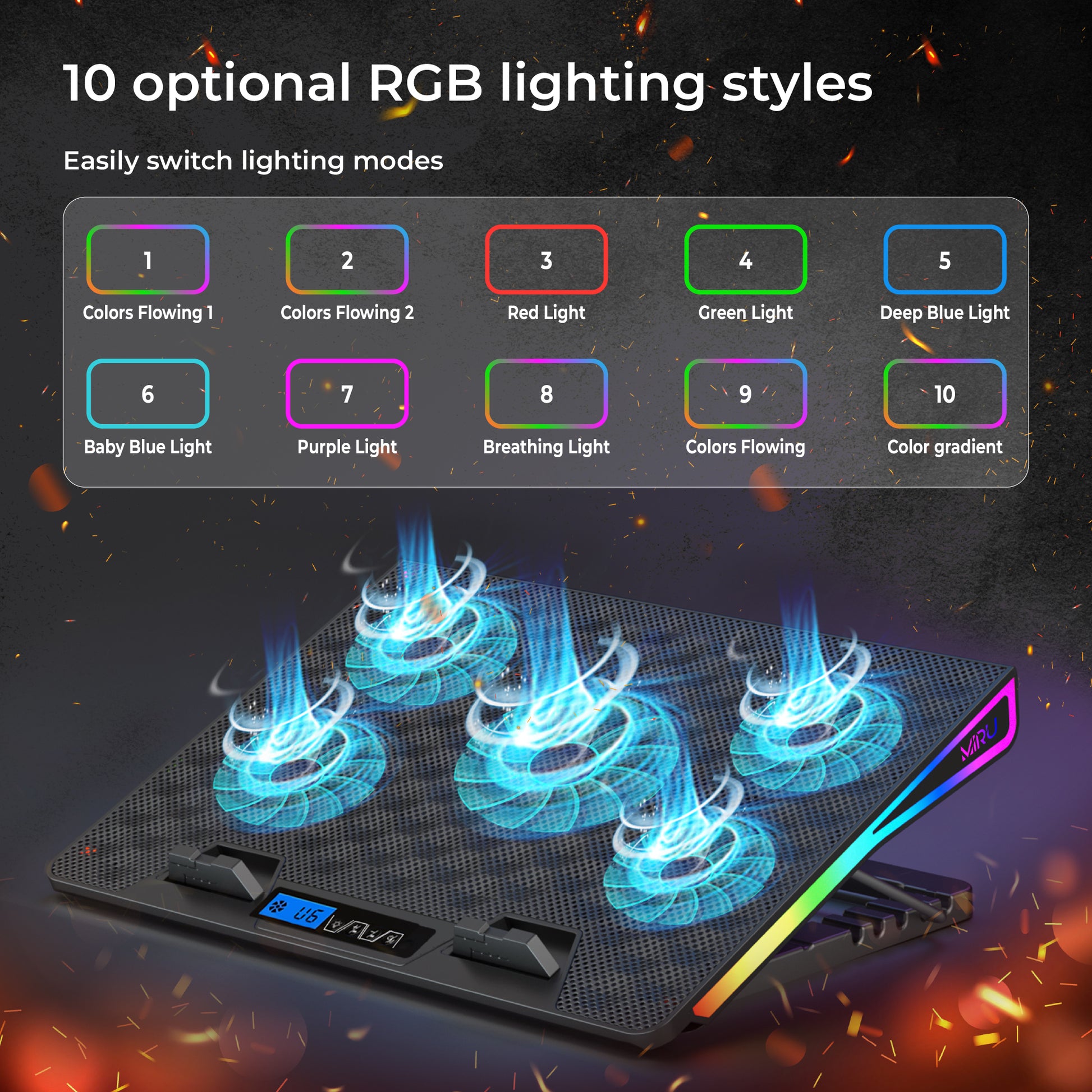 STAND LAPTOP COOLING PAD 12-17 " ADJUSTABLE RGB LED, WITH USB - Miruhome