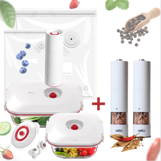 Glass vacuum container with pump + vacuum bag set + 2-piece electric spice mill set of 2 pieces MLS-5005